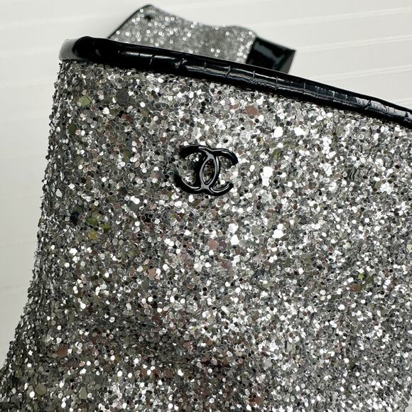 Chanel CC Sliver Glitter Ankle Boot Cap Toe Black Patent Bootie Milky Way Runway - Picture 12 of 16
